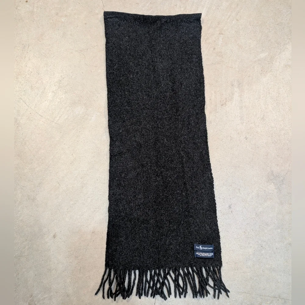 VTG Polo Ralph Lauren Dark Gray Wool Scarf 64x11 Made In Italy Flaw